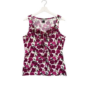 WHBM Women's Medium Wine Red Pink Roses Floral Ruffle Front Tank Top Sleeveless
